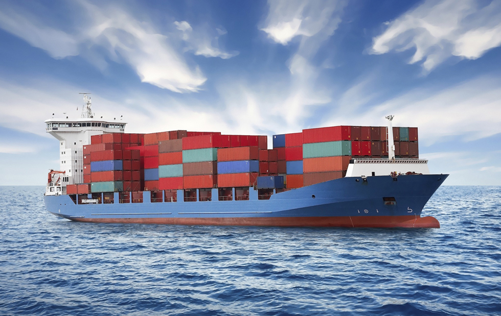 Cargo ship transporting containers across ocean